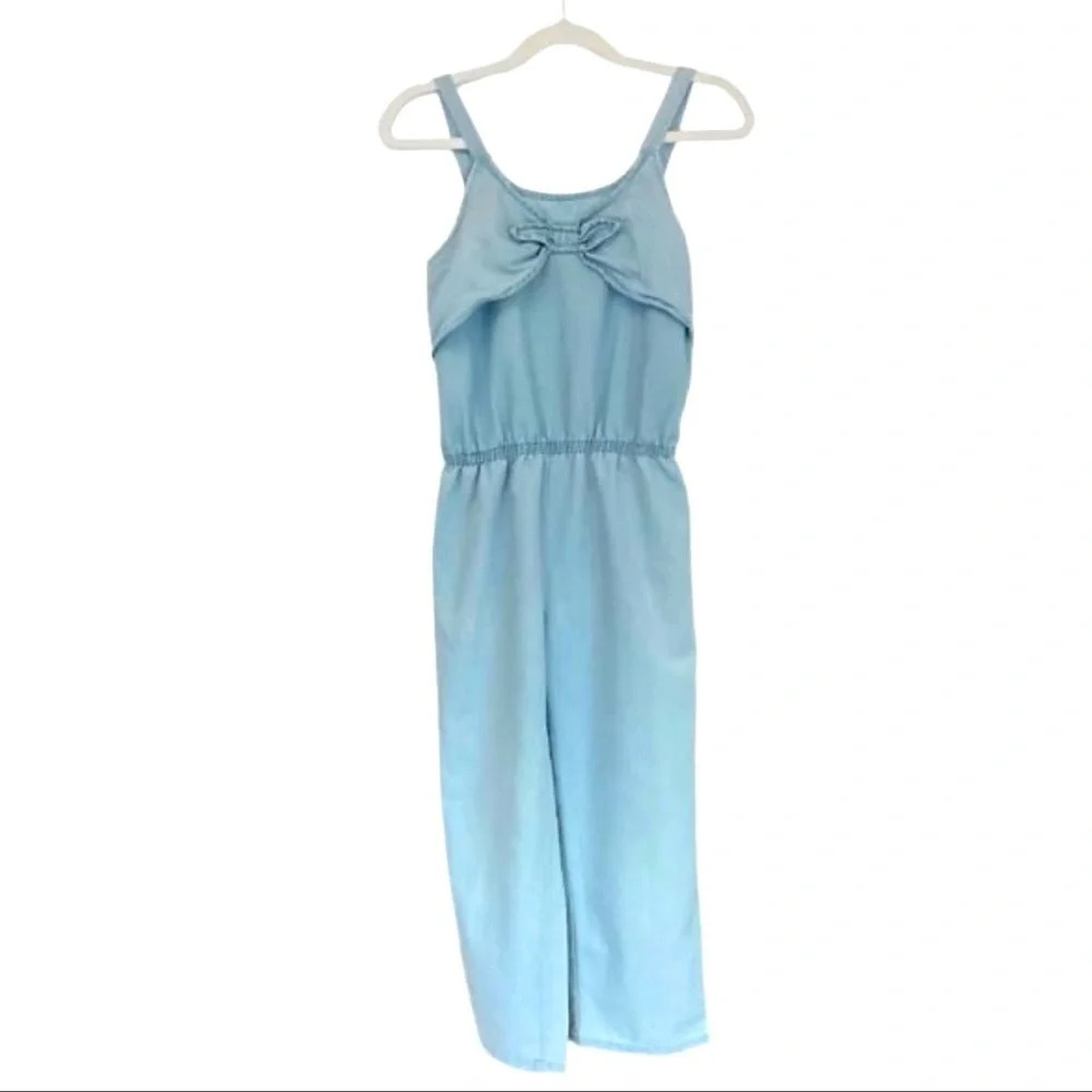Nautica Youth Girl Tie Bow Front Crop Light Blue Denim Jumpsuit - L (12/14)